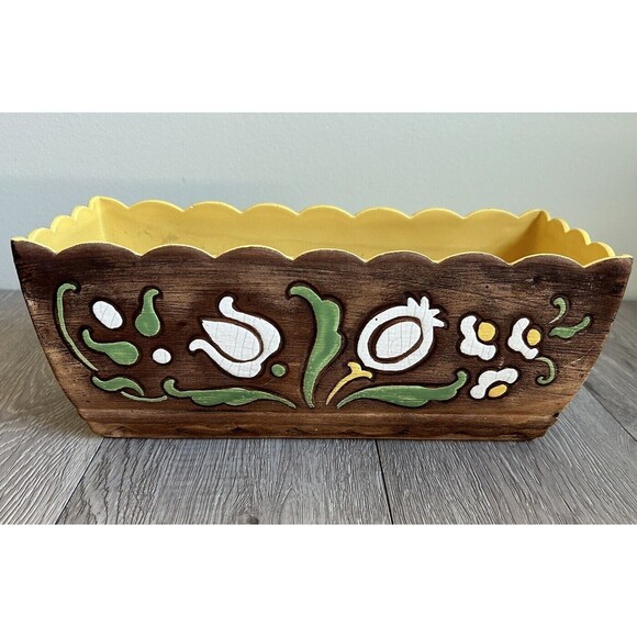 VTG Braytons Laguna CA Ceramic Floral Rectangle Planter Brown Yellow Flowers - Picture 1 of 12